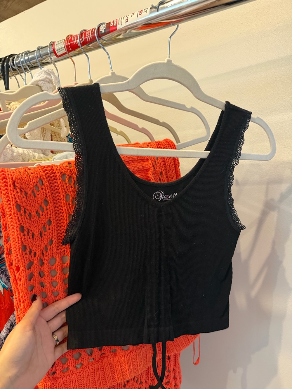 Sivett Black Lace-Trim Ribbed Crop Tank